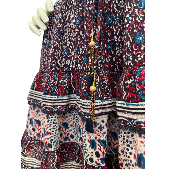 Alicia Bell Mini Dress Small Boho Print Long Sleeve Tiered Drawstring Tassel - Picture 4 of 5